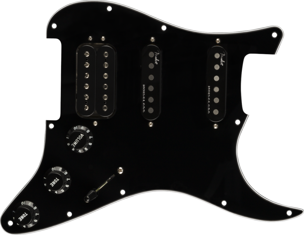 Fender Pre-Wired Strat Pickguard, Shawbucker Bridge/Gen 4 Noiseless Neck/Middle HSS, Black 11 Hole PG