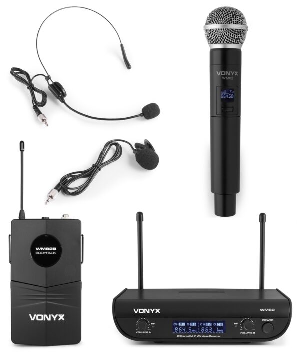 Vonyx WM82C 2-kanals Trådløst Sett m/Håndholdt og Hodebøyle/Mygg